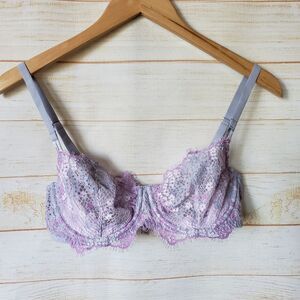 Victoria's Secret Floral Eyelash Lace Underwire Push-Up Bra 34D Gray Pink Purple